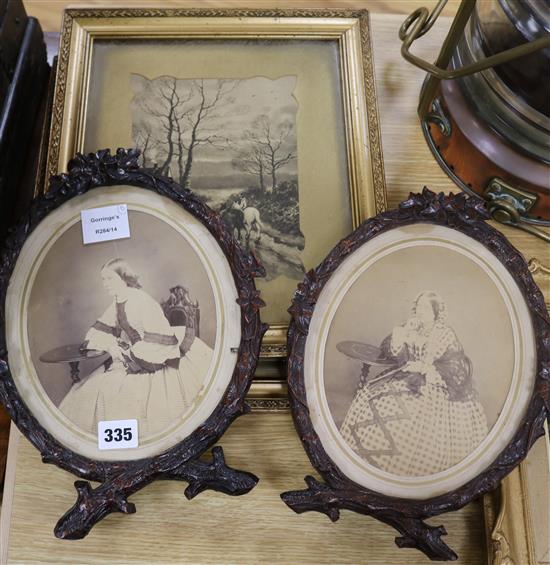 A pair of photographs in rustic carved wood frames, H.30cm
